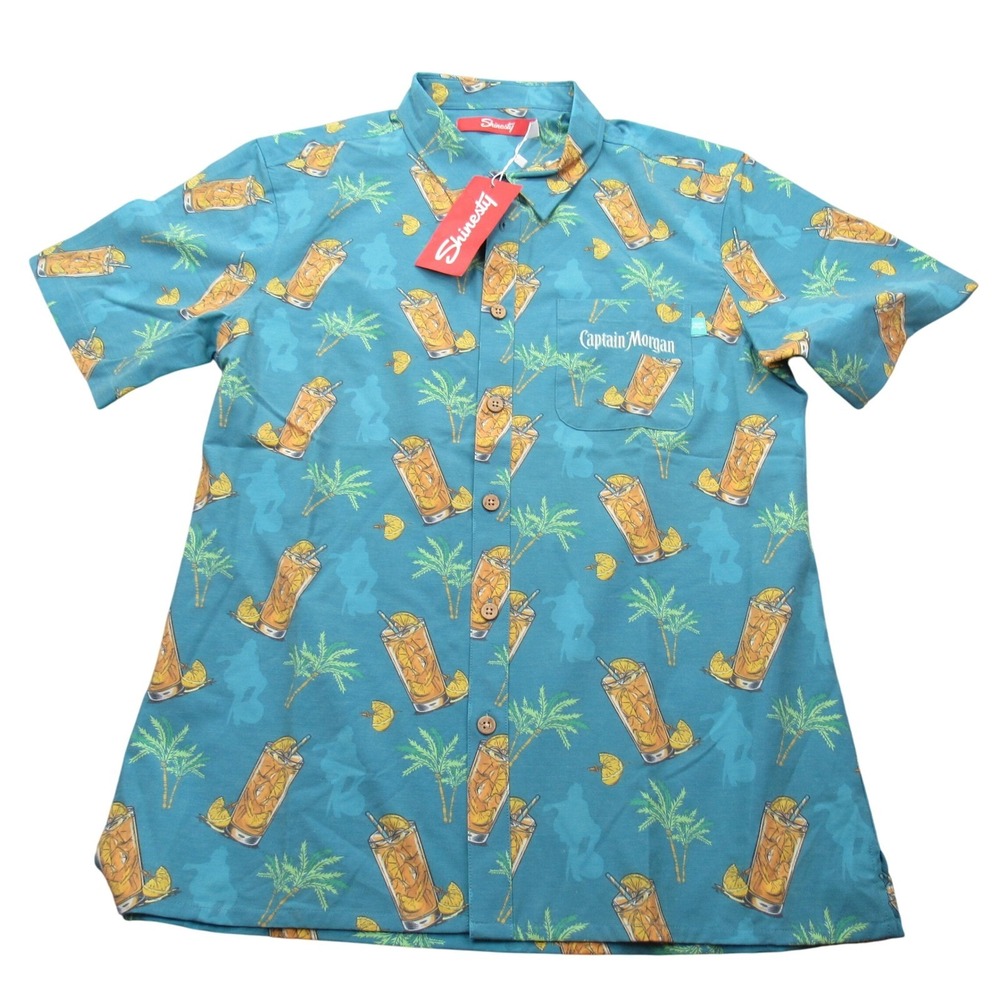 Shinesty Captain Morgan Tropical‎ Cocktail Print Button Up Shirt Men Med